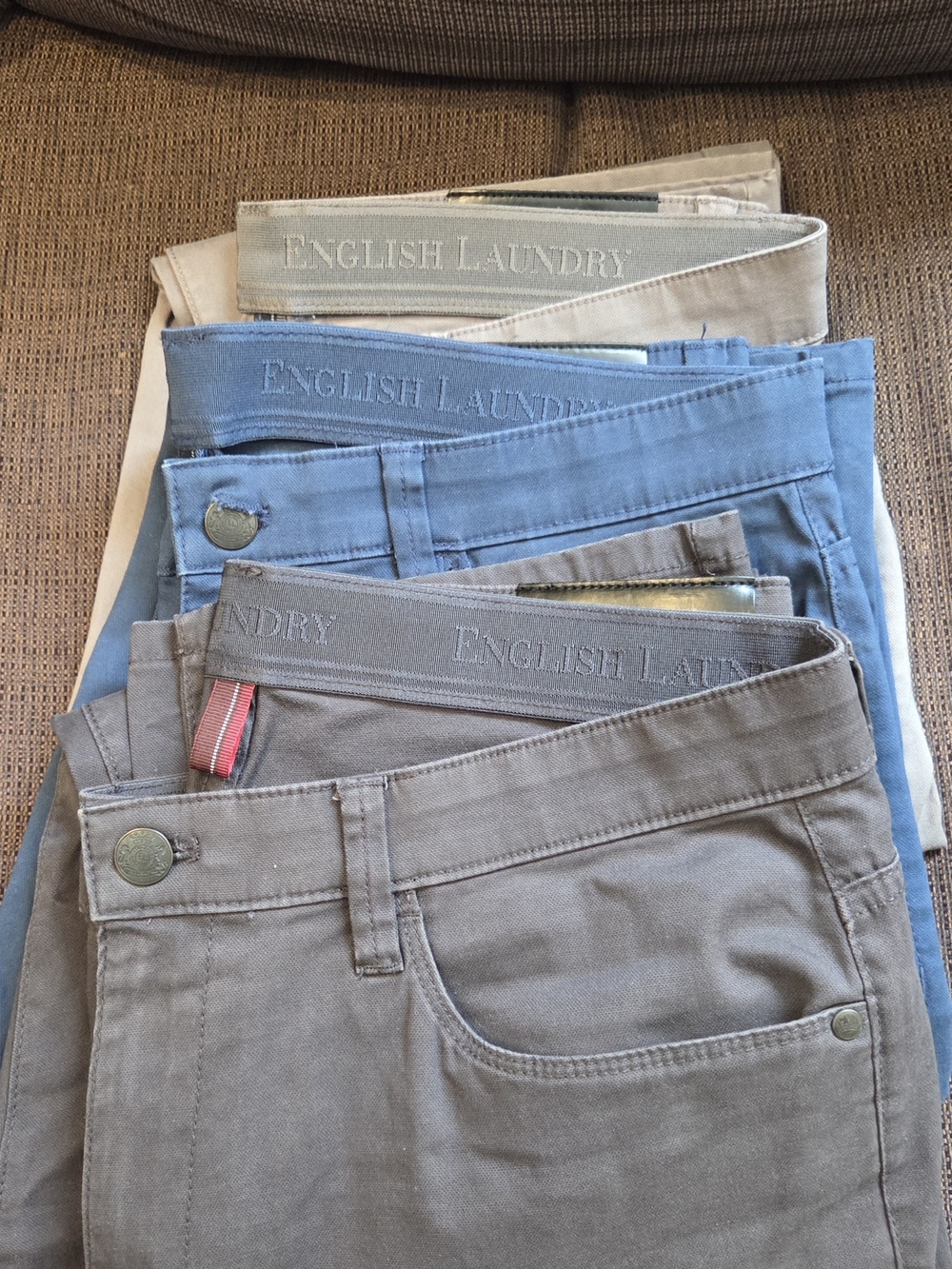 English Laundry Lot Of 3 Khaki Travel Jean Pants - Blue, Light Gray, Dark Gray